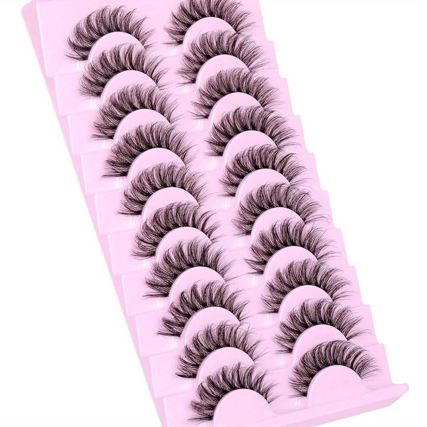 10 pairs of natural fluffy D-curled 3D Wispy false eyelashes with transparent tape - soft lightweight and reusable eyelashesW241024