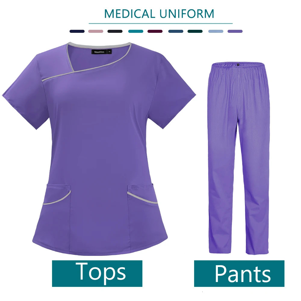 Womens Uniform Solid Color ShortSleeved Top Pants for Nurses Workwear Fashion Scrubs Suit Nurse Accessories 241017