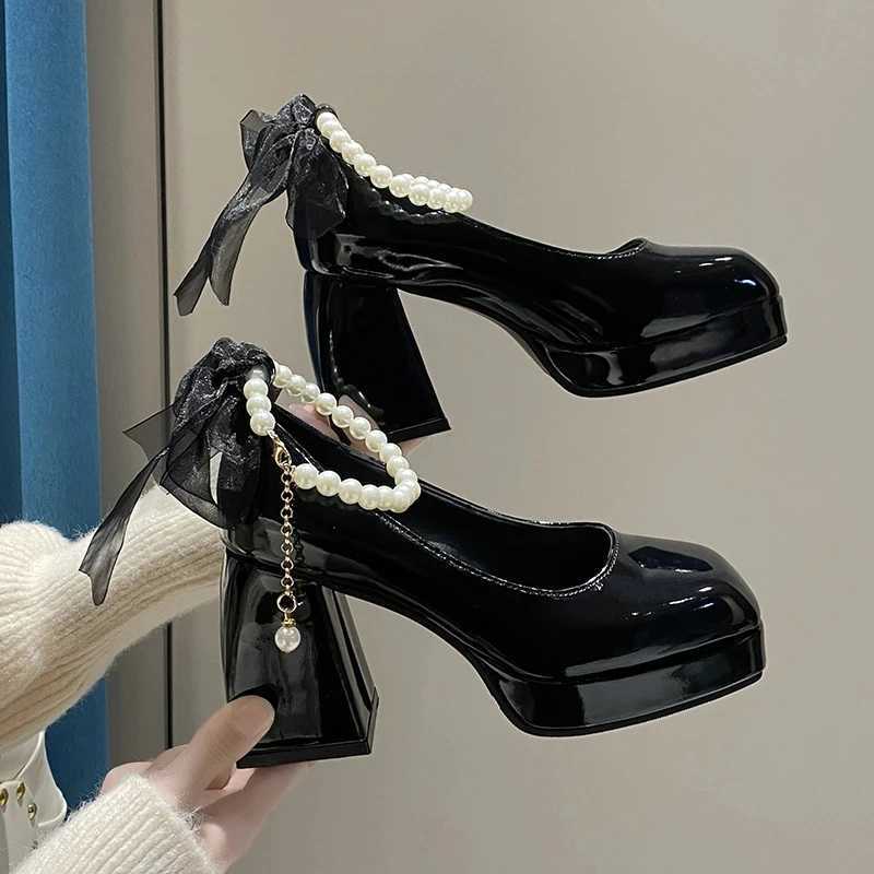 High Quality Ladies High Heels Elegant Bow Square Toes Black Fi Womens Pump Thick High Heels Wedding Party Pearl Lace Womens Wedding Shoes T241024