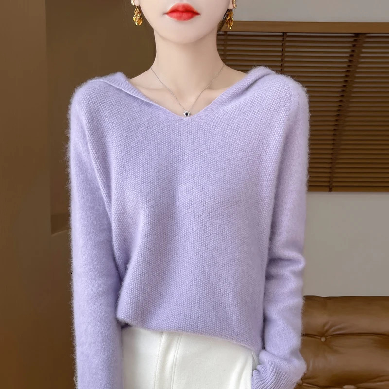 Osmanso needle Autumn and winter 100% Merino wool hoodie cashmere sweater womens Vneck warm bottom knit shirt top 241021