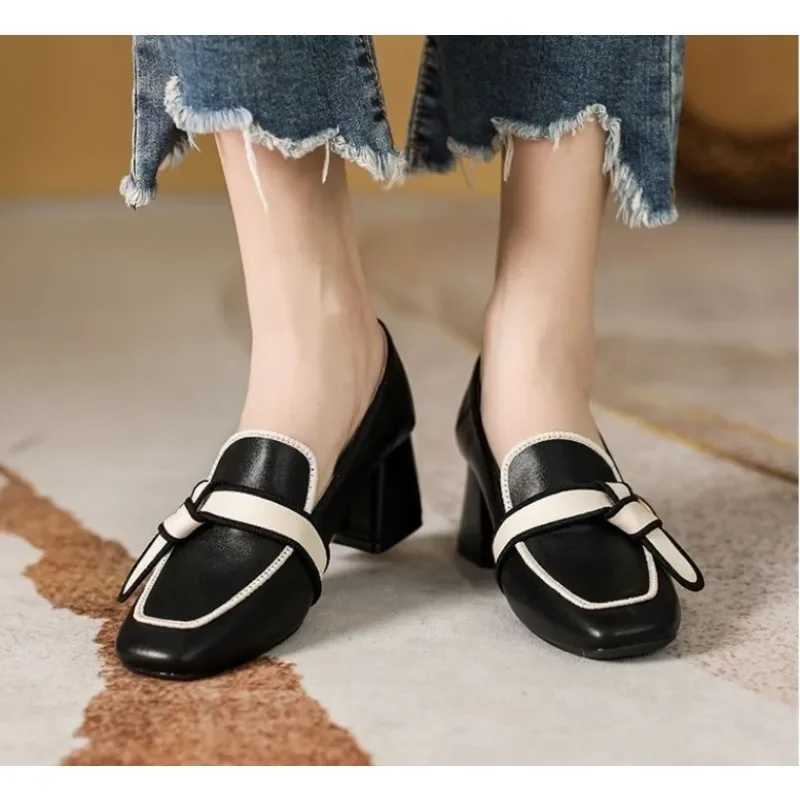 High Quality French womens thick high heels womens slippers autumn trend leather high-heeled wedding shoes zapatos de mujer T241024