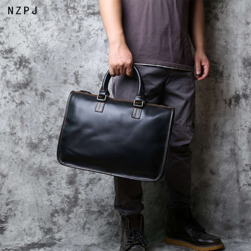 Business Leather Men Briefcase Natural Cowhide Retro Handbag Casual One Shoulder Diagonal Bag Suitable For 15 Inch Laptop