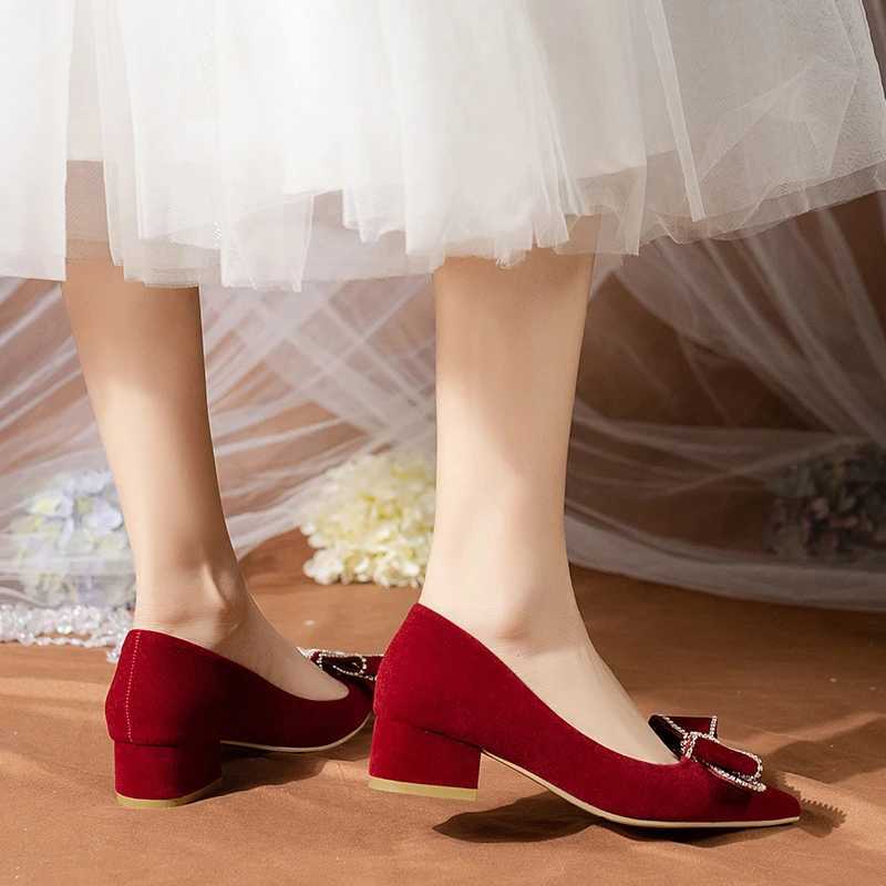 High Quality Womens Spring/Summer New Red Rhine Bow Large Wedding Shoes with Comfortable Corner and Shallow Mouth High Heels T241024