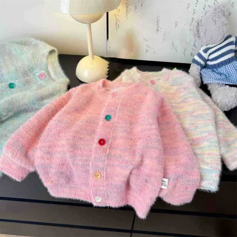 Autumn and Winter Plush Warm Childrens Rainbow Sweater Jacket Fashion Edition Girls Sweater Jacket Cute Girls Top W241025