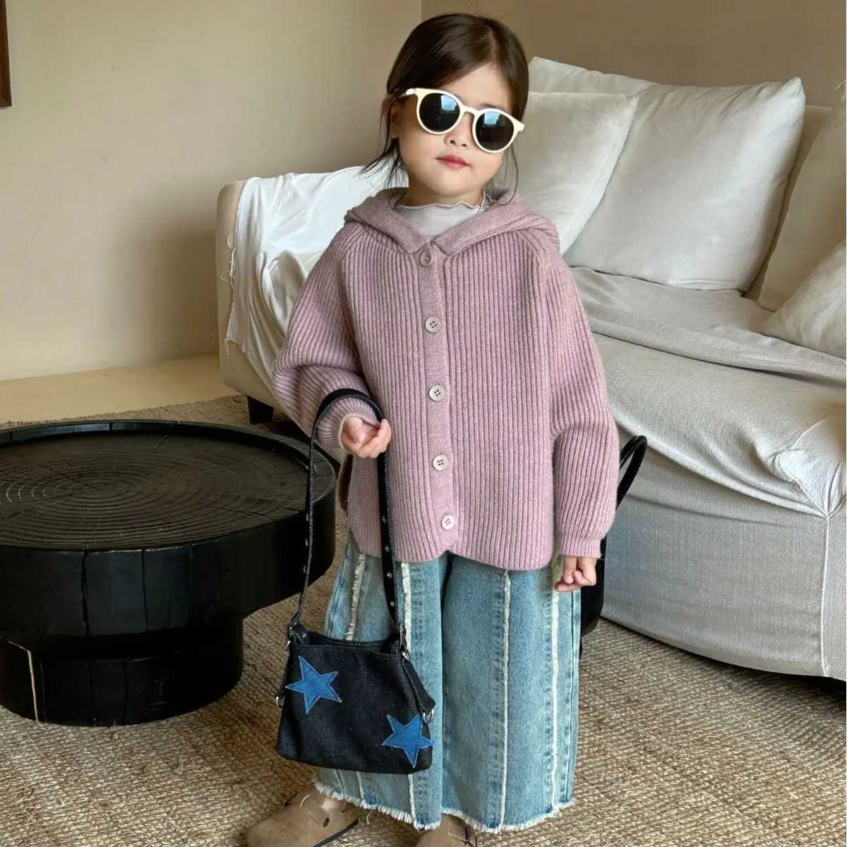 Purple sweater autumn new childrens clothing Korean girls solid color hooded sweatshirt cape style simple open seam 2024 stripes W241025