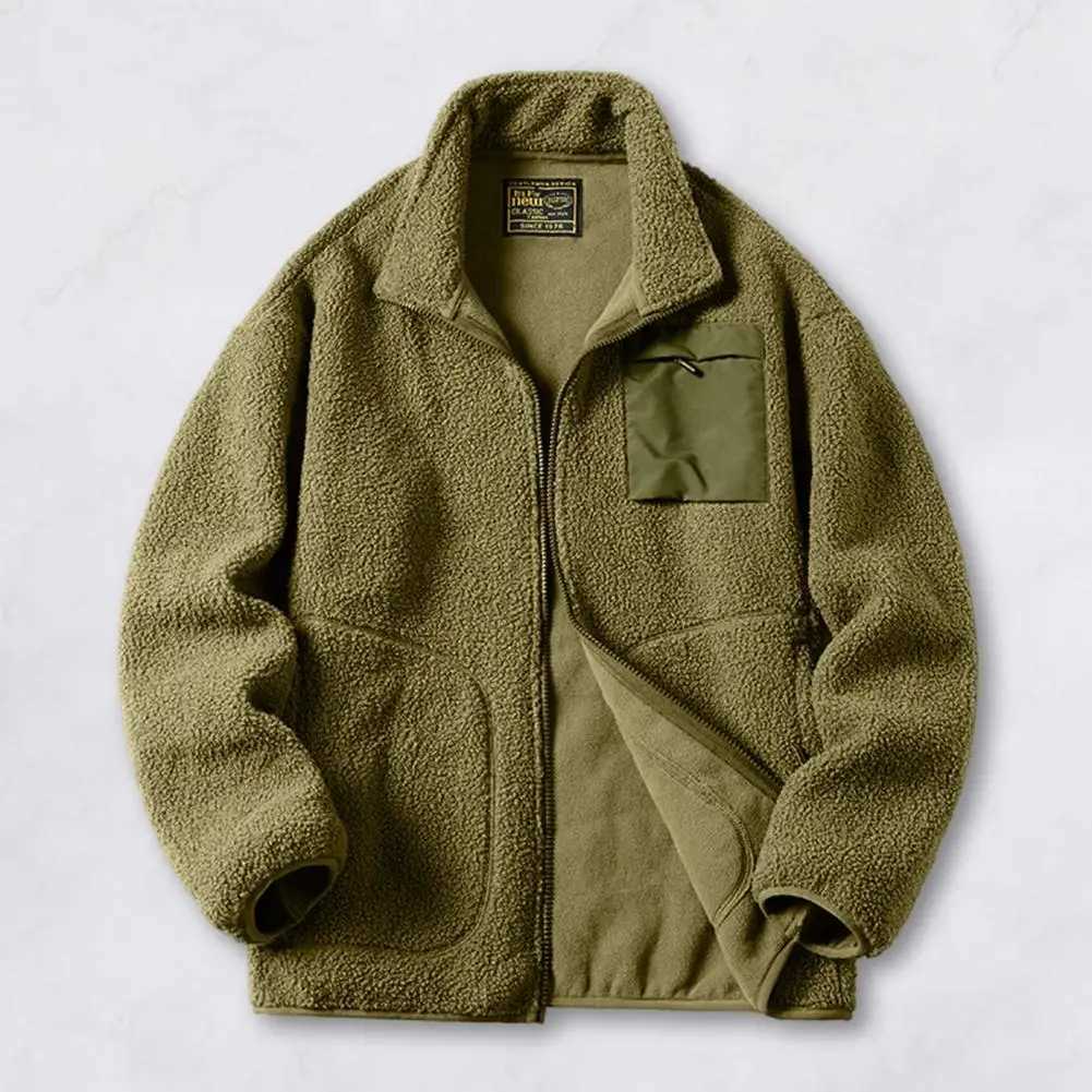 Artificial Lambswool jacket autumn zipper plaid collar long sleeved jacket with pockets W241024