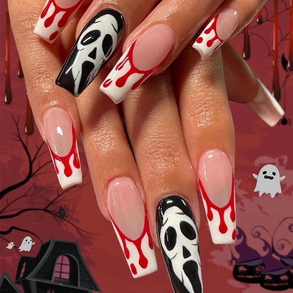 24Pcs Halloween Fake Nails Extra Long Almond False Nails with Spider Web Design Press on Nails Full Nail Tips XJ241025