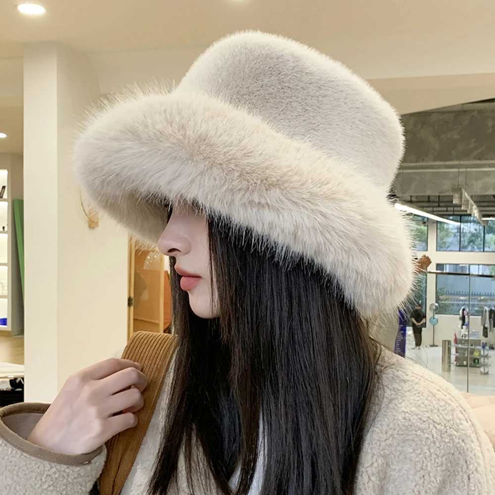 2024 Fluffy Faux Fur Bucket Hats Women Rabbit Fur Warm Thick Plush Winter Hat Lady Fashion Luxury Panama Furry Fisherman Cap Y2kX241025