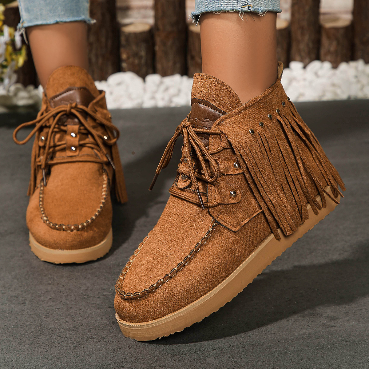 free shipping new designer men womens snow winter cotton warm shoes tassel lace up for women suede short tube flat bottomed rivet boots booties