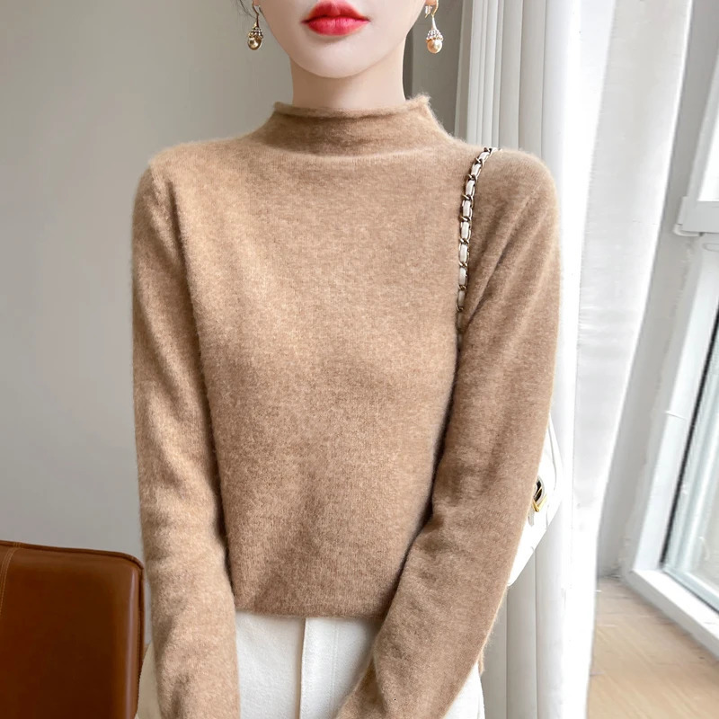 100% Wool Knitted Sweater Women Half High Collar Long Sleeve Tops Autumn Winter Korean Fashion Casual Loose Warm Female Pullover 241021