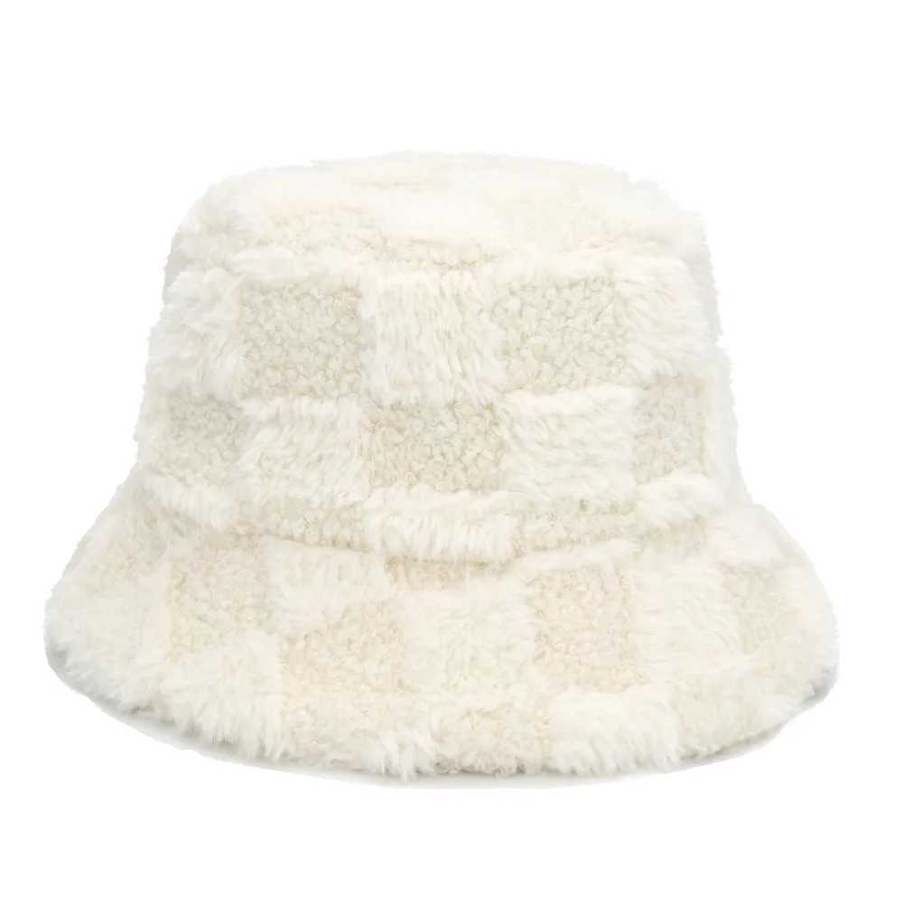 Checkerboard Splicing Winter Bucket Hats Keep Warm Thick Fur Fluffy Women Men Outdoor Fashion Windproof Female Fisherman CapsX241025