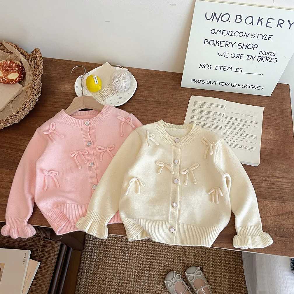 2024 Autumn/Winter New Girl Bow Knitted Open Collar Woolen Sweater Cute Baby Sweet Top Casual Fashion W241025