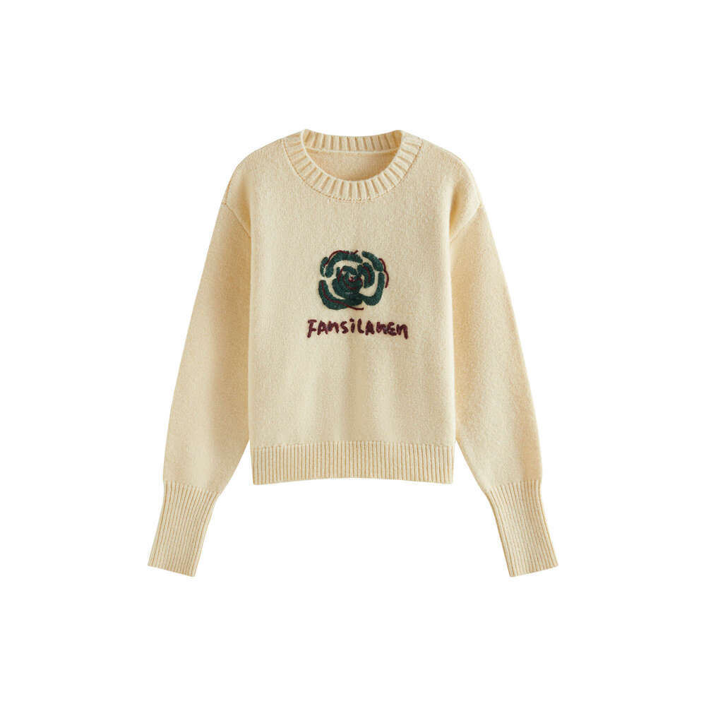FSLE Two Colors Wer Embroidery Round Neck Women Sweater Fall Winter 2024 New Loose Versatile Warm Wool Knit Pullover24fs14165 250527