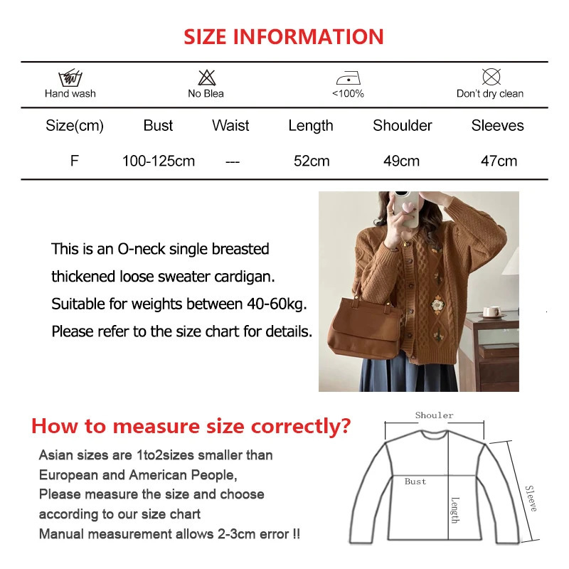ABRINI Women Vintage Embroidery Oneck Sweater Cardigan Single Breasted Thickened Loose Knit Coat Fall Winter Warm Casual 241021