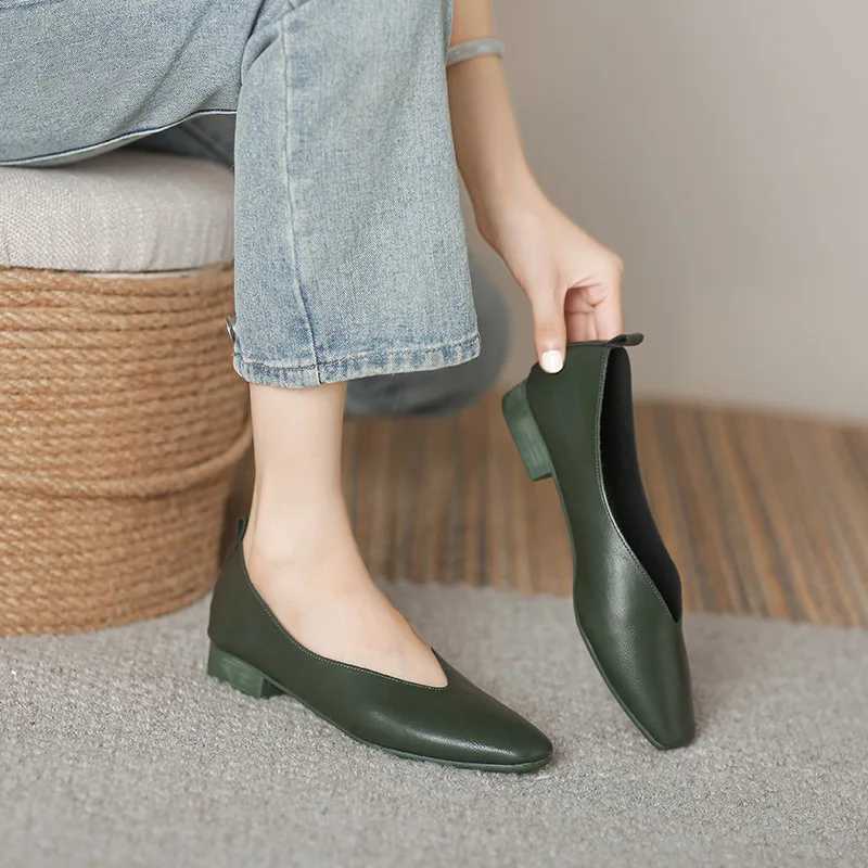 High Quality Womens elegant summer French square toe green Mary Jens cute casual flat shoes womens low heel soft soled flat shoes T241024