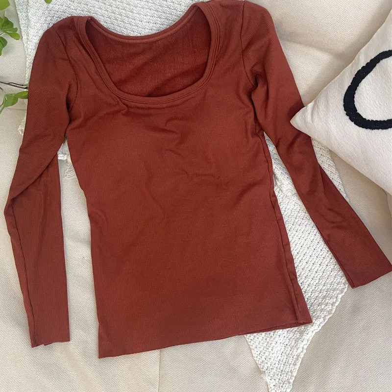 Autumn Winter Long Sleeve Base Shirt Women Versatile with Built-in Chest Pad Bra Slim Fit T-Shirt Female Bottom Casual Tops 241024