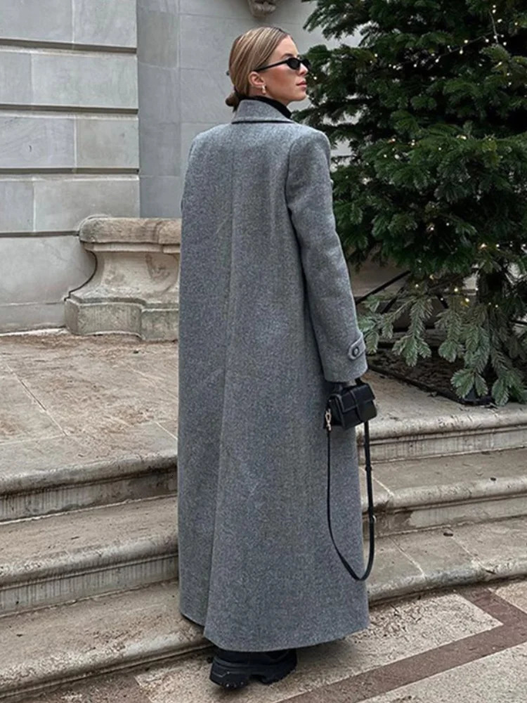 Retro gray collar single corset womens long wool coat fashion street shoulder pad long sleeved jacket autumn womens coat 241024
