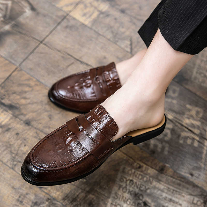 Men Dress Shoes Summer Mens Breathable Casual Shoes With Headless Half Slippers Leather Shoes British Style Crocodile Pattern Lazy Shoes Small Mens Sh