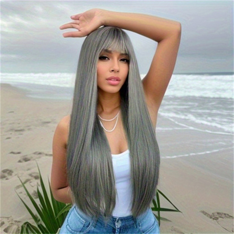 New wig for women with long gray hair, full headpiece, neat bangs and long straight hair