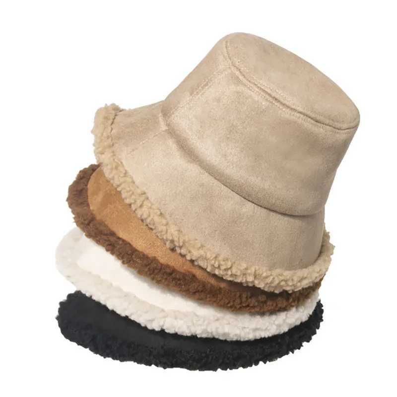 Reversible Leather Fisherman Hat Faux Fur Winter Hats For Women Men Bob Bucket Hat Warm Plush Lambswool Fishing CapX241025