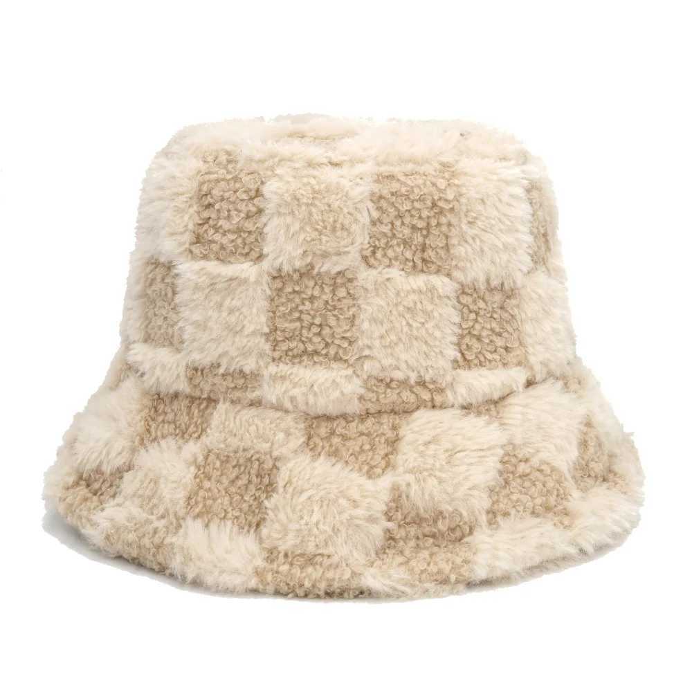 Checkerboard Splicing Winter Bucket Hats Keep Warm Thick Fur Fluffy Women Men Outdoor Fashion Windproof Female Fisherman CapsX241025