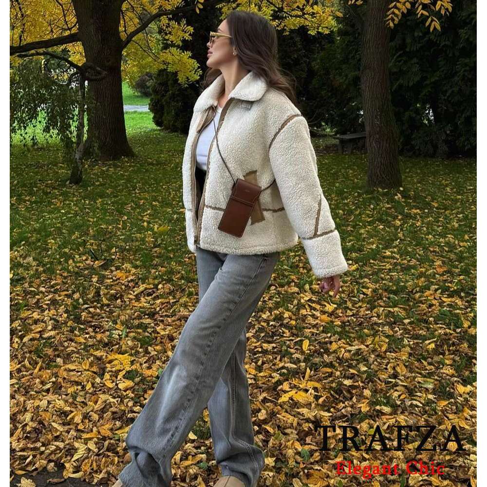 TRAFZA Women Fall Winter Jacket Lapel Contrasting Color Zipper Pocket New Fashion Casual Classic Fleece Coat