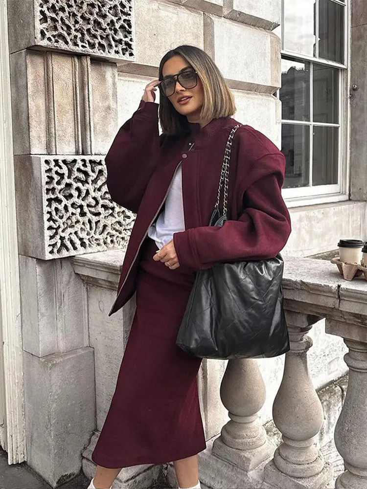 Fashion Wine Red Womens Baseball Bomber Jacket Rack Collar Long Sleeve Zipper Pocket Coat Autumn Loose Casual Coat 241024