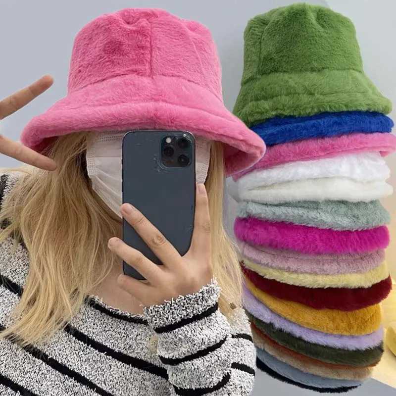 Soft Faux Rabbit Fur Bucket Hat Solid Thicken Autumn Winter Warm Plush Panama Casual Hats for Women Ladies Fisherman Caps BonnetX241025