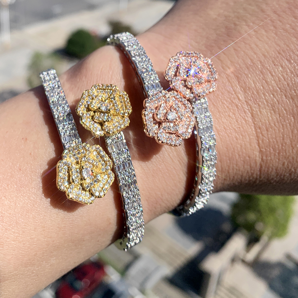 Fashion Flower Cubic Zircon Charm Bracelet Bling Cz Paved Iced Out Opened Rose Bangle for Men Women Hip Hop Luxury Jewelry