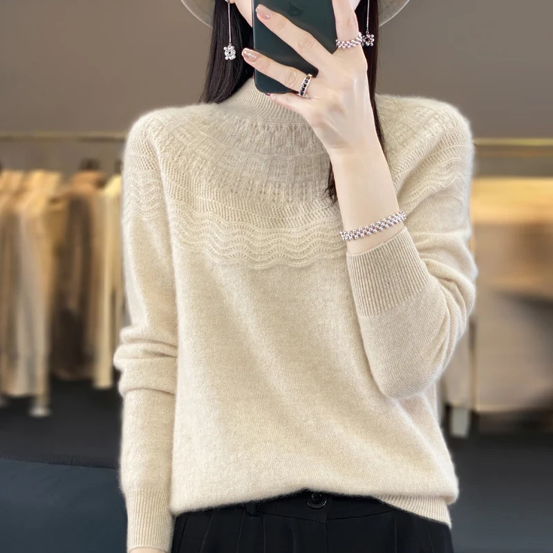 Autumn Winter Women 100% Merino Wool Pullover Mockneck Basic Sweater Hollow Solid Cashmere Knitwear Female Bottoming Shirt 241021