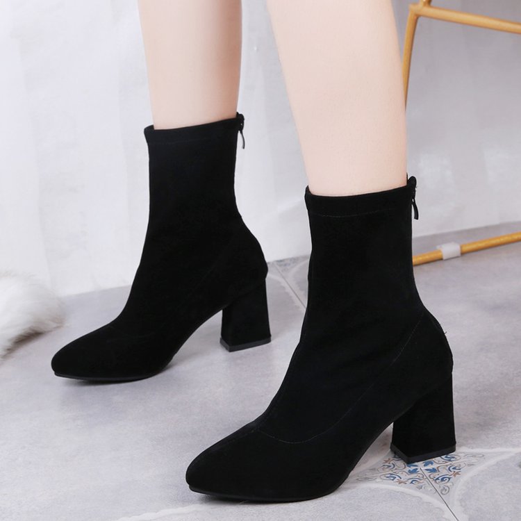 free shipping designer short boots womens 2024 winter new item black back zipper thick heel boots pointed middle heel elastic womens boots