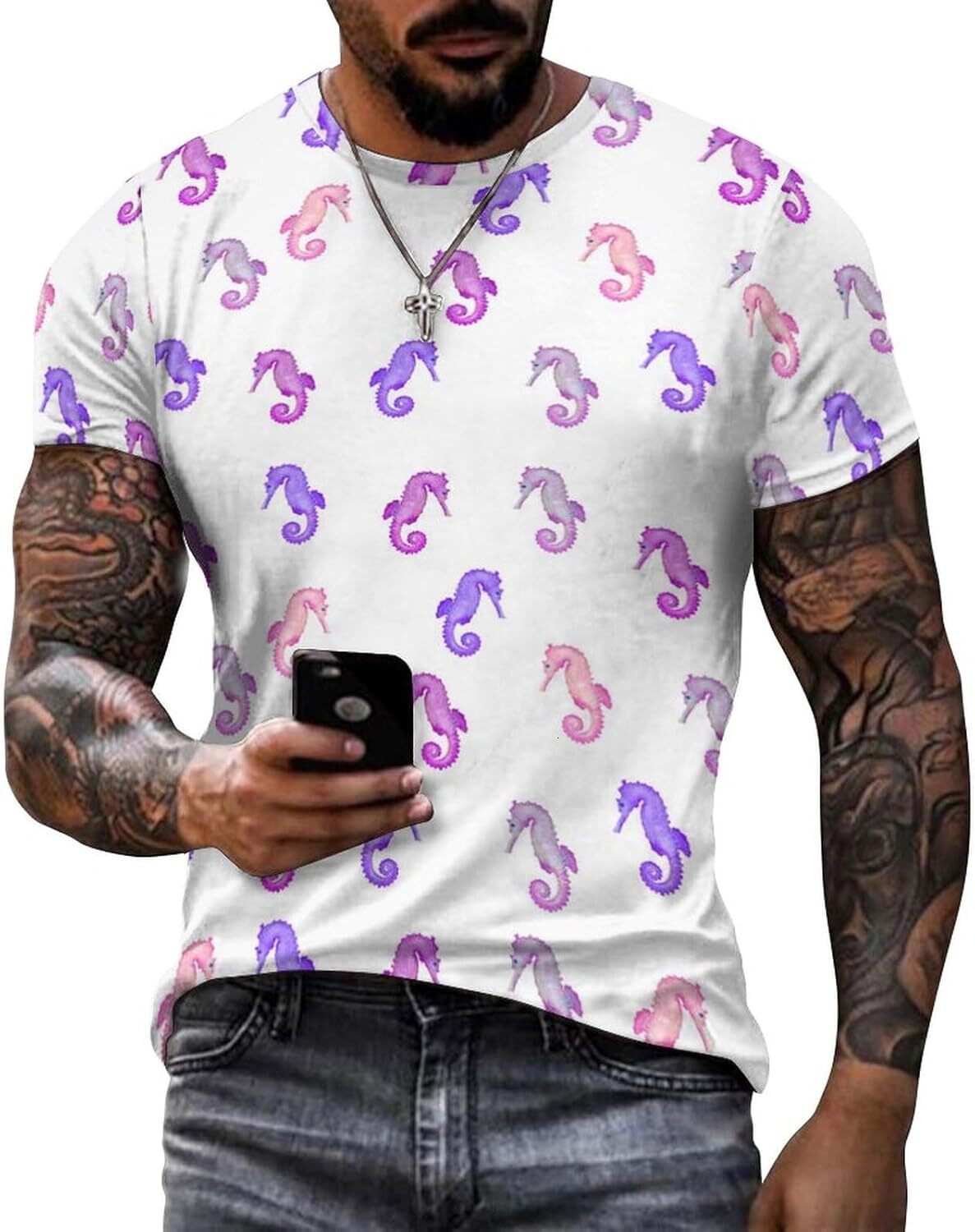 Mens T shirt Seahorse Pattern Cotton T-Shirt 3D Printed Casual Shirt Men's All-in-one fashion Crew Neck T-Shirt tee Casual tops summer clothes