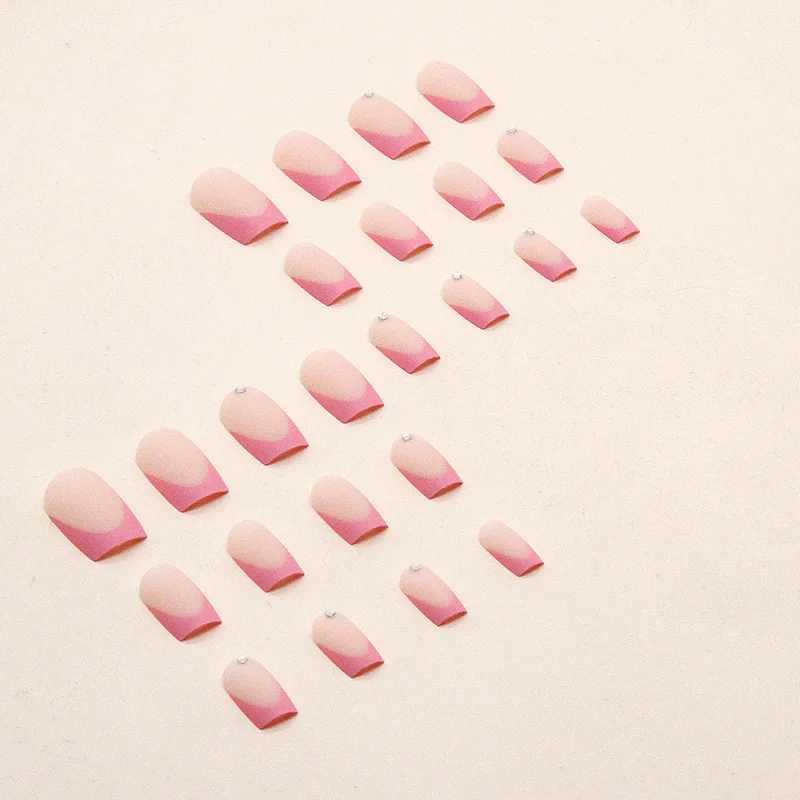 24pcs Simple French Rose Pink Rhinestone Frosted Sweet False Nails Set with Glue Artificial Cheap Fake Press on Nails for GirlsXJ241025