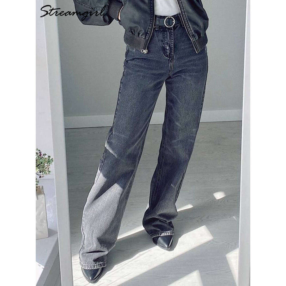 Streamgirl Autumn Wide Straight Leg 2023 Fashion Black Mom Long Jeans Pants For Women Denim Elegant
