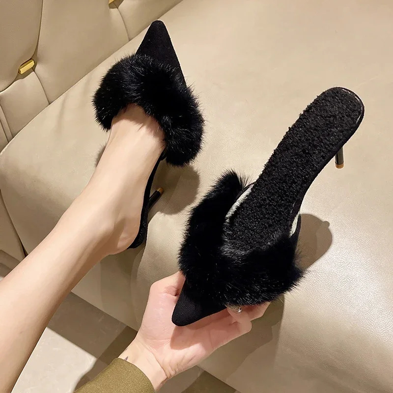 Spring Pointed Toe Mules shoes 2024 womens slippers slip on womens fashionable girls Comfrot high heels party high heels fur sandals 241024