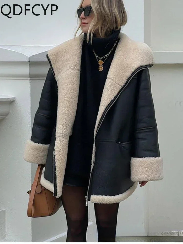 Women's Coats 2024 Autumn Winter New Fashion Large Fur Collar PU Jacket Top Casual Loose Thickened Warm Faux Leather Coat Women