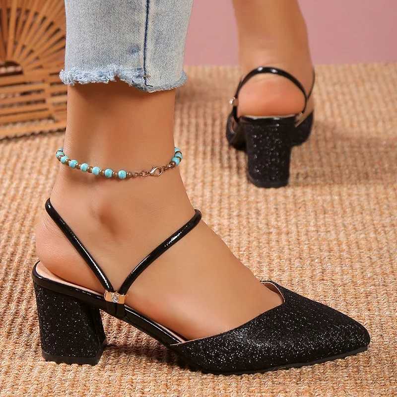 High Quality Golden Sier Bling High Heel Pump Womens Fi Strap Slide - Party Shoes Womens Pointed Toe Slide Thick High Heels T241024