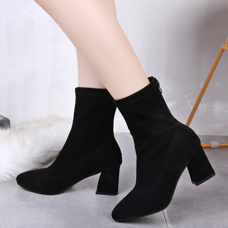 free shipping designer short boots womens 2024 winter new item black back zipper thick heel boots pointed middle heel elastic womens boots