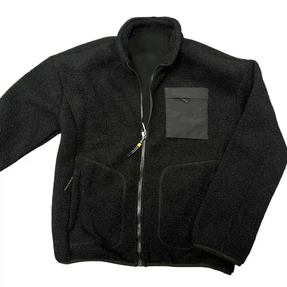 1Pc loose mens jacket warm and comfortable artificial Lambswool jacket with zipper checkered pockets for couples autumn and winter W241024