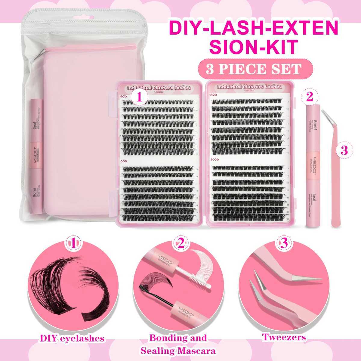 YSDO DIY eyelash extension kit 14/32P personal eyelash set D curled 9-16mm mixed 30D-120D eyelash clusters with adhesive and sealingW241024