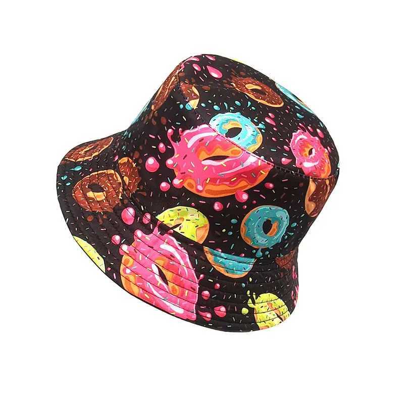 2023 Four Seasons Cotton Cartoon Donuts Print Bucket Hat Fisherman Hat Outdoor Travel Sun Cap for Men and Women 226X241025