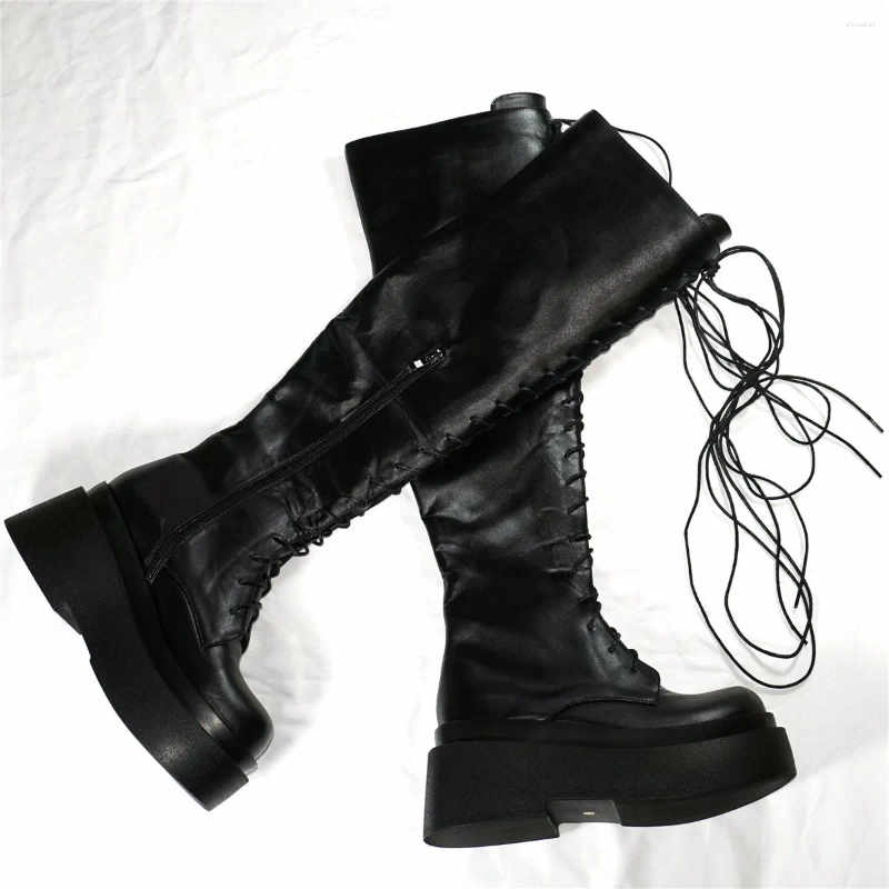 Boots Platform Pumps Shoes Women Black Lace Up Super High Heels Thigh Female Round Toe Wedges Fashion Sneakers Casual