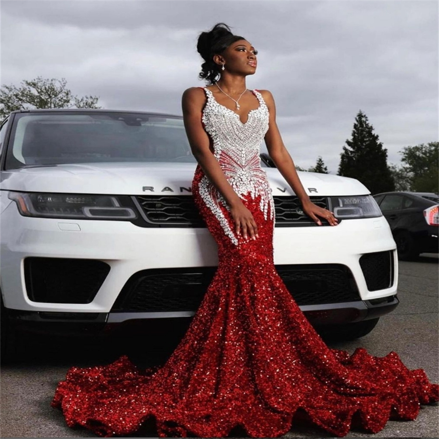 Sparkly Red Sequin Prom Dresses For Black Girls Rhinestone Crystal Mermaid African Evening Gown Spaghetti Straps Nigeria Formal Birthday Party Dress 2