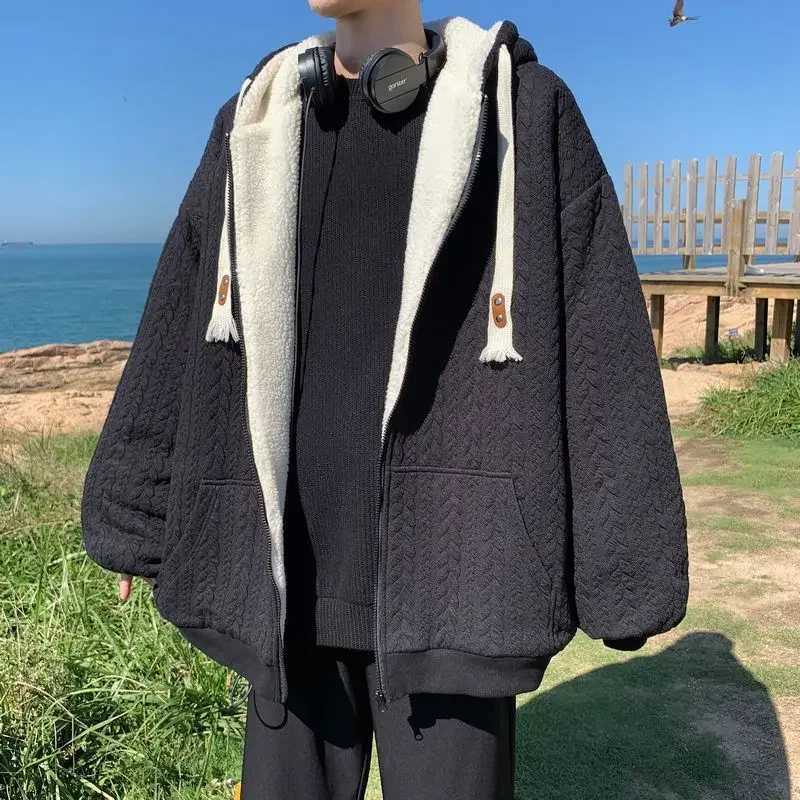 Mens Winter Thick Flce Line Cashmere Jacket with Niche Design Sensual Fashion Brand Ins Hong Kong Style Cotton Coat W241024