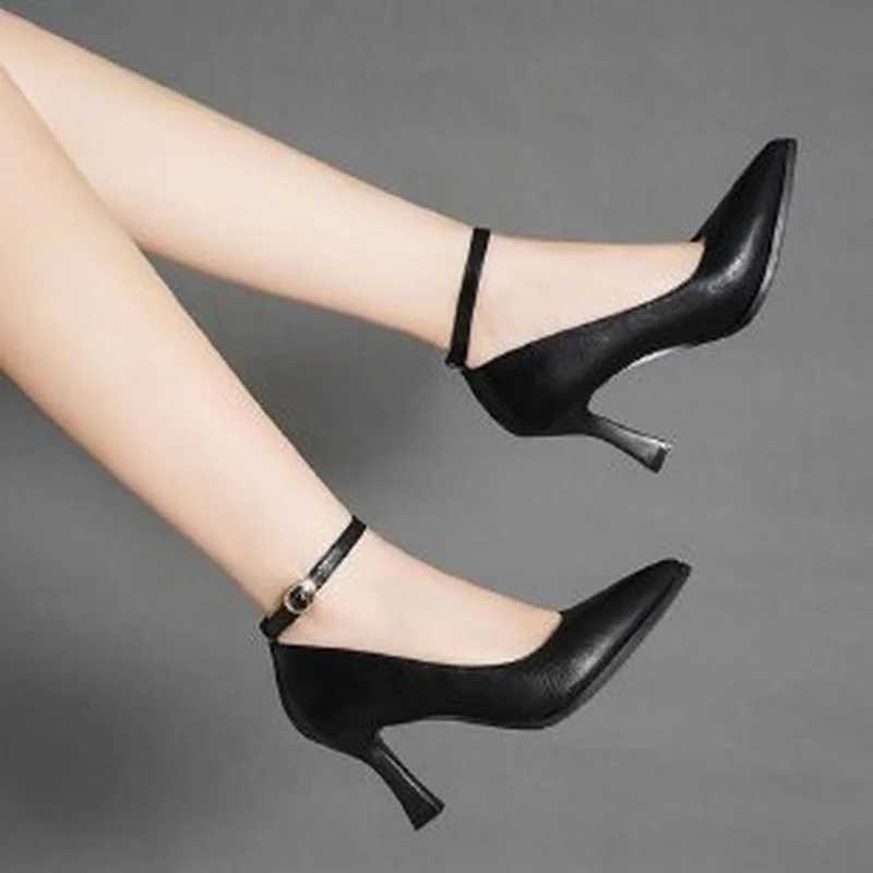 High Quality Summer New Fi Pointed Toe Shallow Womens Shoes with Thick Heels and Black Simple Work Shoes with Word Buckle T241024