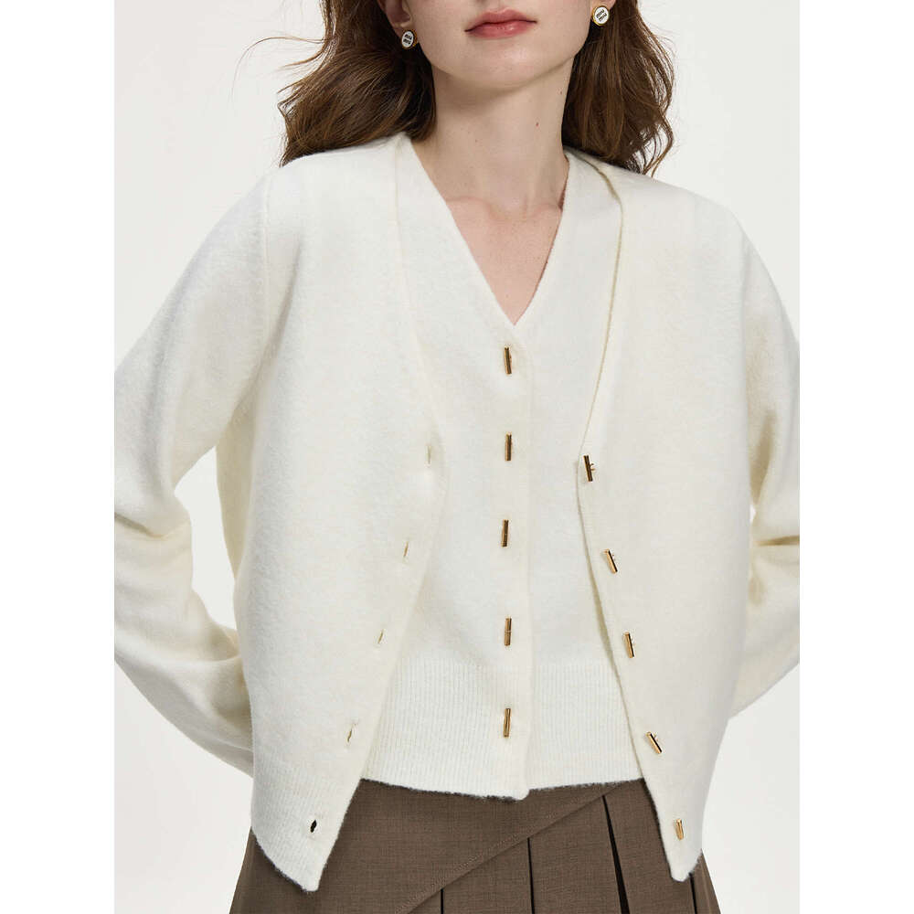 FSLE 7.3% Wool V-Neck Vest Cardigan Two Pieces Set For Women 2024 Autumn Winter New Loose Knit Warm Chic Top 24Fs14187+24Fs14230