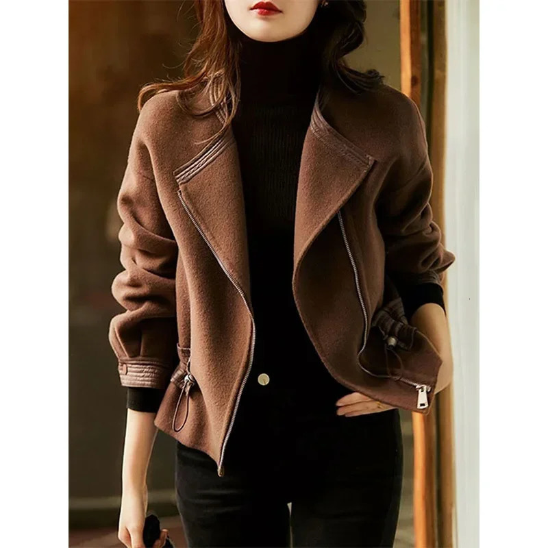 Coffee colored wool womens short jacket high-end motorcycle collar wool jacket autumn short jacket and jacket for women 241024
