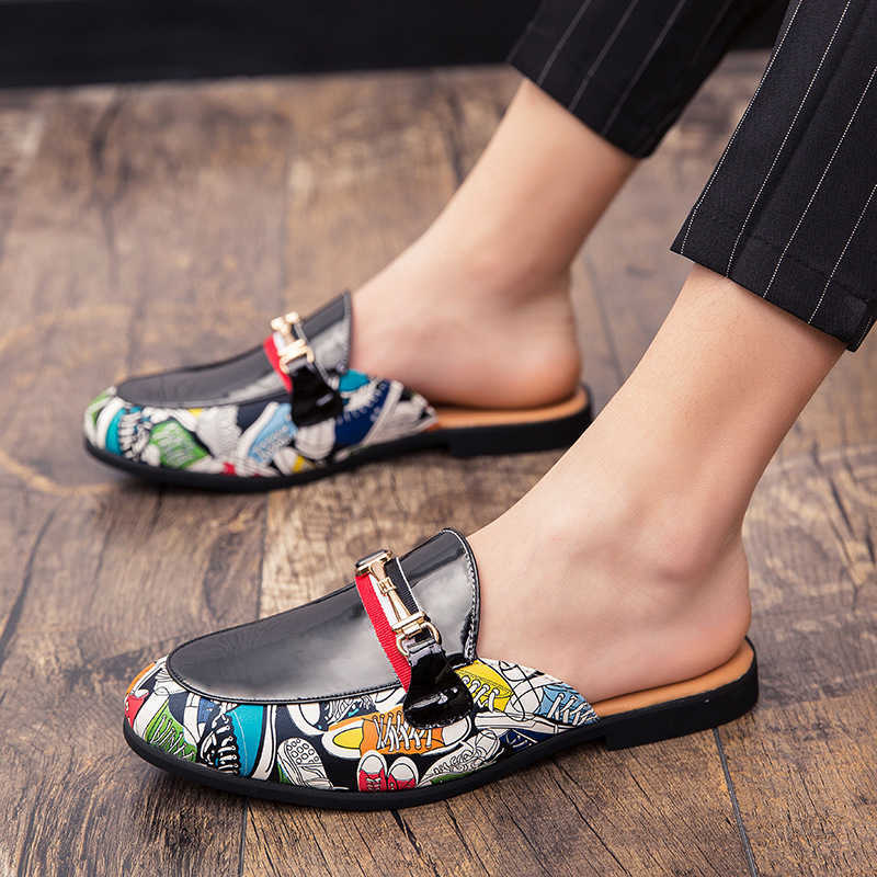 Men Dress Shoes Summer Leather Slippers Mens Cool Slippers Mens Lazy Half Slippers Korean Version Trendy Small Casual Shoes 241009