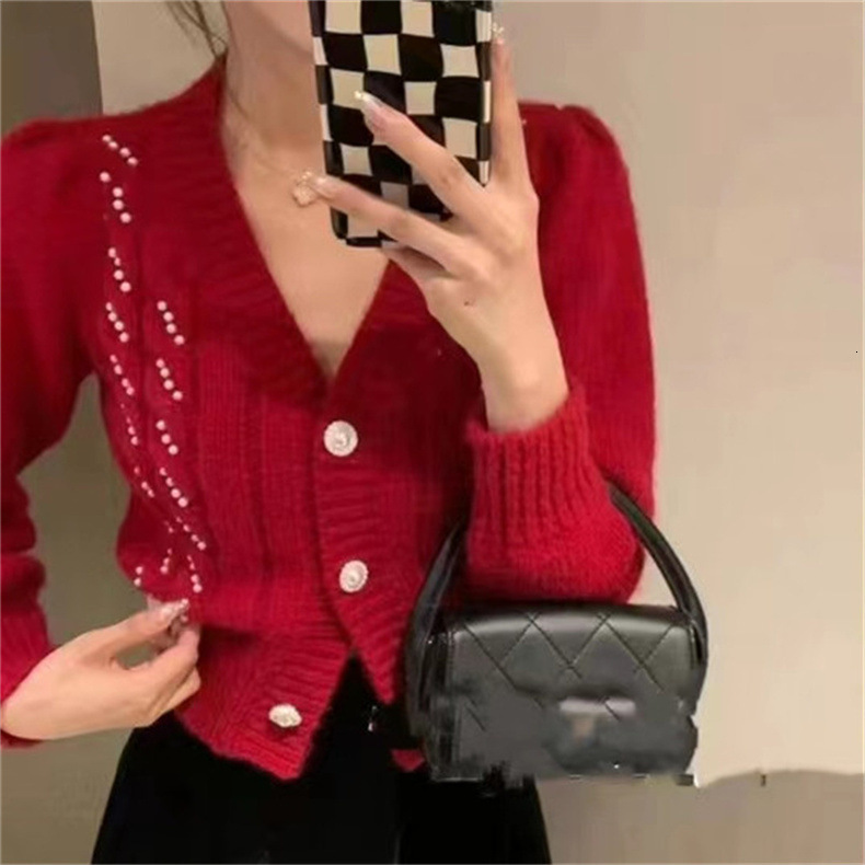 Autumn New Korean Style Fashionable Sweet Pearl Button V Neck Sweater Jacket Slim Fit Short Length Long Sleeved Knitted Cardigan For Women F1025#38
