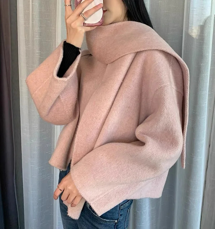 Scarf Short Beige Coat Women Autumn Patchwork Long Sleeve Loose Female Cardigan Elegant Double Sided Chic Streetwear